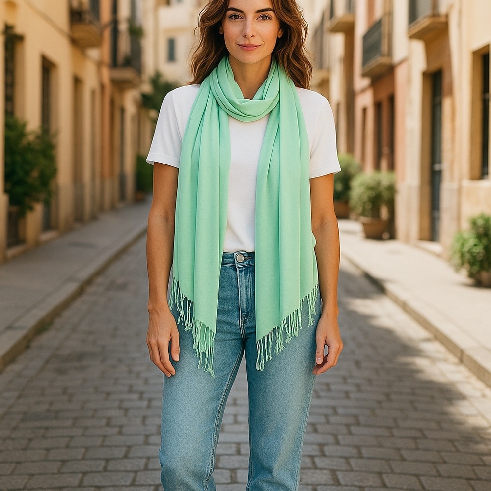 Scarf Green Light Mint Fringe Rayon Long